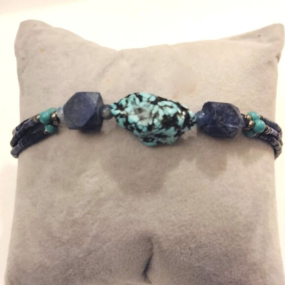 Lapis Beaded Bracelet Natural Stone Accents Handmade Hook Closure 8 inch - Picture 1 of 6
